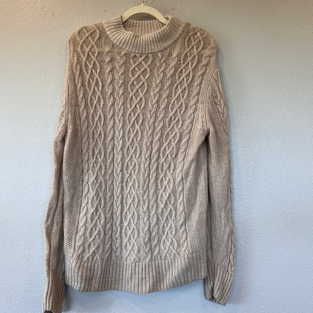 Muji Wool Blend Cable Knit Sweater Beige Mock Neck Pullover Womens  Large